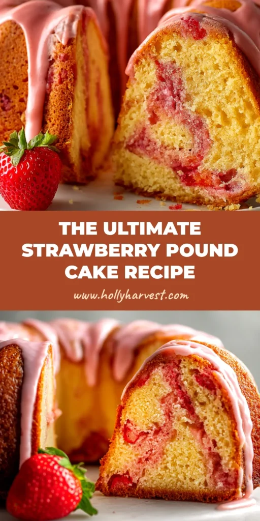 A beautiful slice of moist strawberry pound cake on a white plate, showing the vibrant strawberry swirl and a tender crumb. A fork is resting beside the slice.