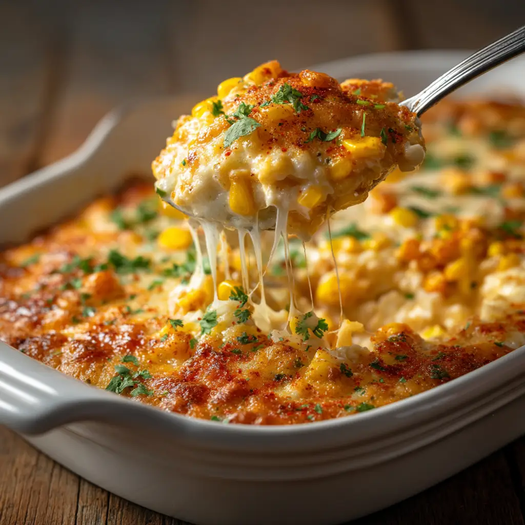 The Street Corn Chicken Casserole mixture in a baking dish before being baked, showing the colorful ingredients.
