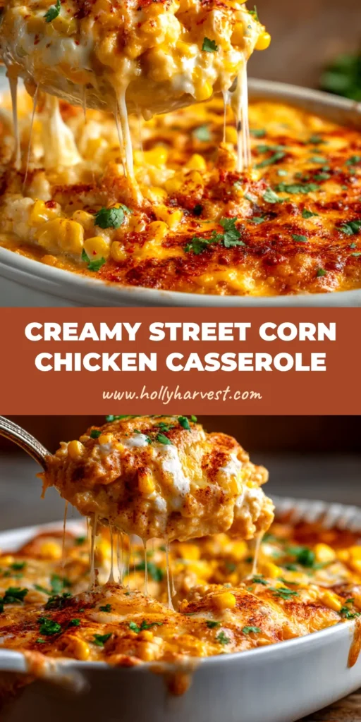 A delicious Street Corn Chicken Casserole in a white baking dish, garnished with fresh cilantro and cotija cheese. The perfect easy dinner recipe.