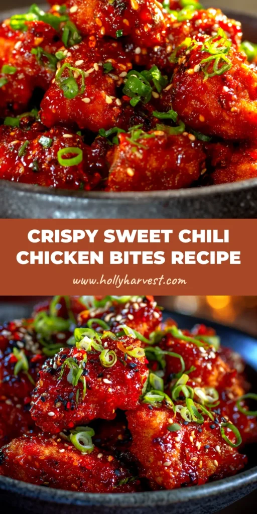 A heaping bowl of crispy sweet chili chicken bites, garnished with sesame seeds and green onions. A perfect easy appetizer or dinner idea.