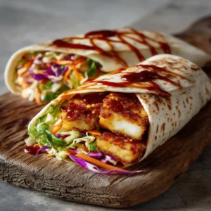 A close-up shot of two Sweet Chili Halloumi Wraps, neatly wrapped and ready to eat, highlighting the vibrant colors of the ingredients.