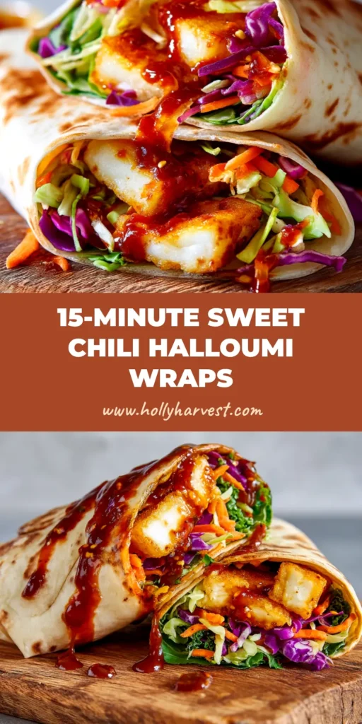 A visually appealing overhead shot of two Sweet Chili Halloumi Wraps, sliced in half to show the crispy halloumi, fresh lettuce, and creamy sauce inside.