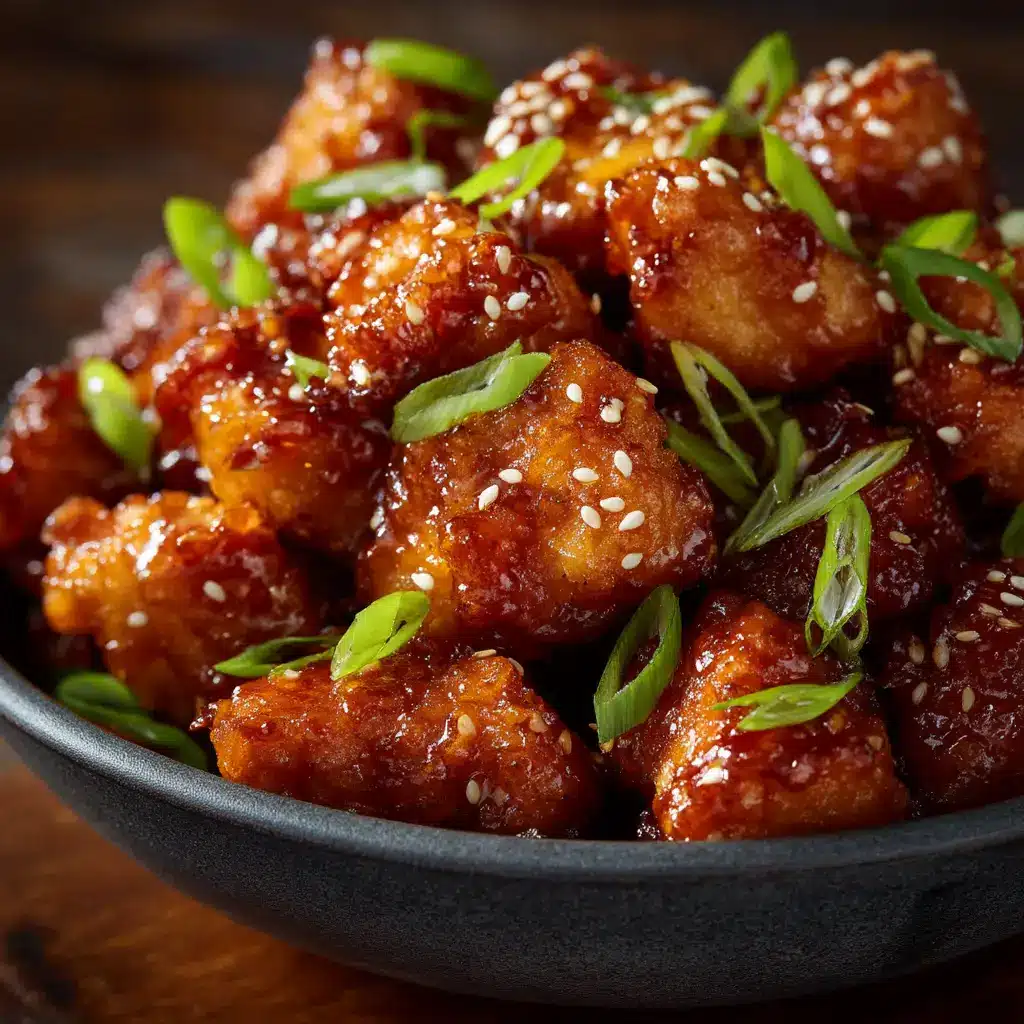 A serving of sweet and savory chicken bites on a plate, ready to be eaten. The honey butter sauce is drizzled over the top, highlighting its rich color.