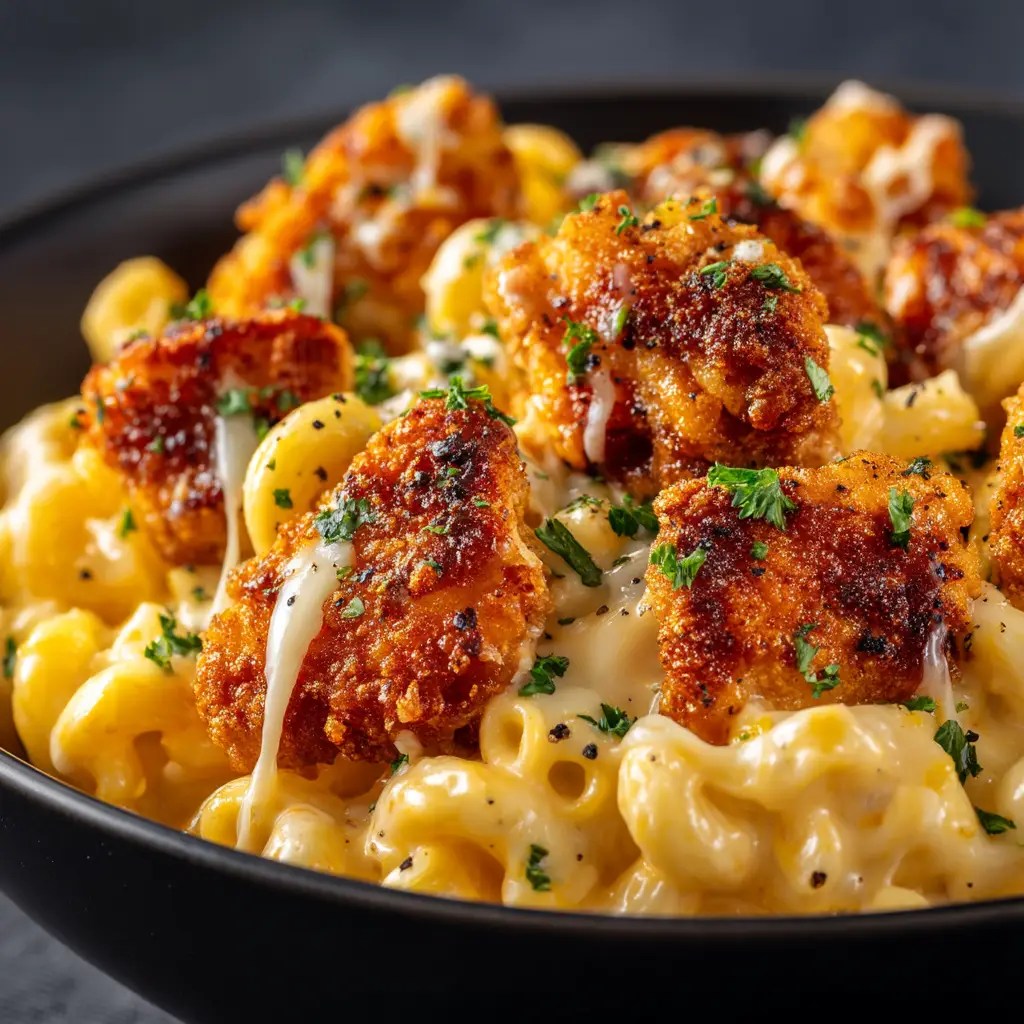 A spoonful of honey pepper chicken mac and cheese being lifted from a skillet, showing the cheesy pull and tender chicken pieces.