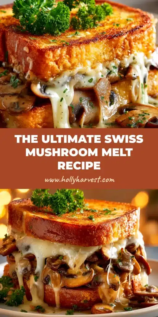 Swiss Mushroom Melt: The Ultimate Gooey Sandwich 3 A delicious Swiss Mushroom Melt sandwich cut in half to show the gooey, melted cheese and savory mushroom filling. The perfect comfort food recipe.