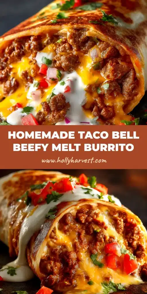 A delicious and easy Taco Bell Beefy Melt Burrito Copycat recipe, showing a burrito cut in half to reveal the cheesy, beefy filling.