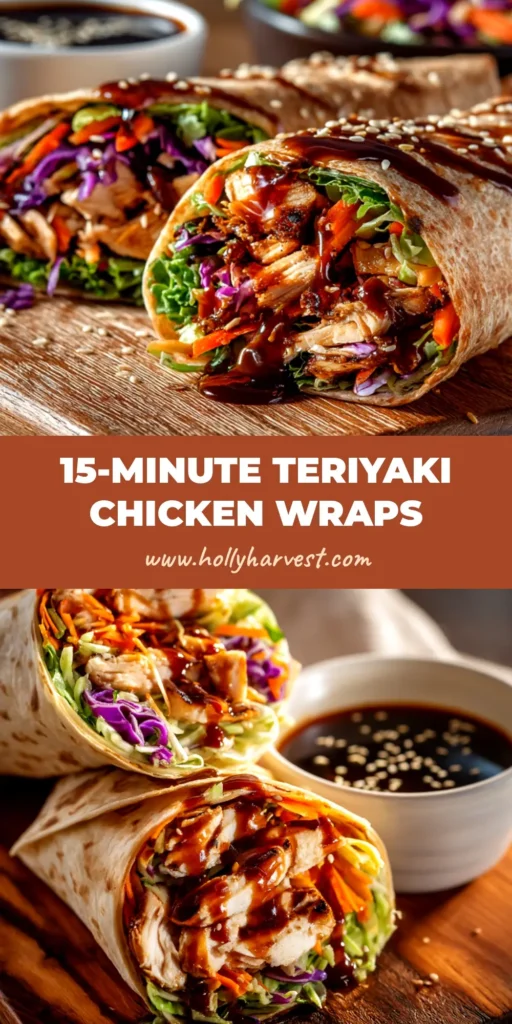 Teriyaki Chicken Wrap: Easy, Healthy & Ready in 30 Minutes 3 An easy and delicious Teriyaki Chicken Wrap cut in half and stacked, showing the juicy chicken and fresh vegetables inside. A quick 30-minute meal.