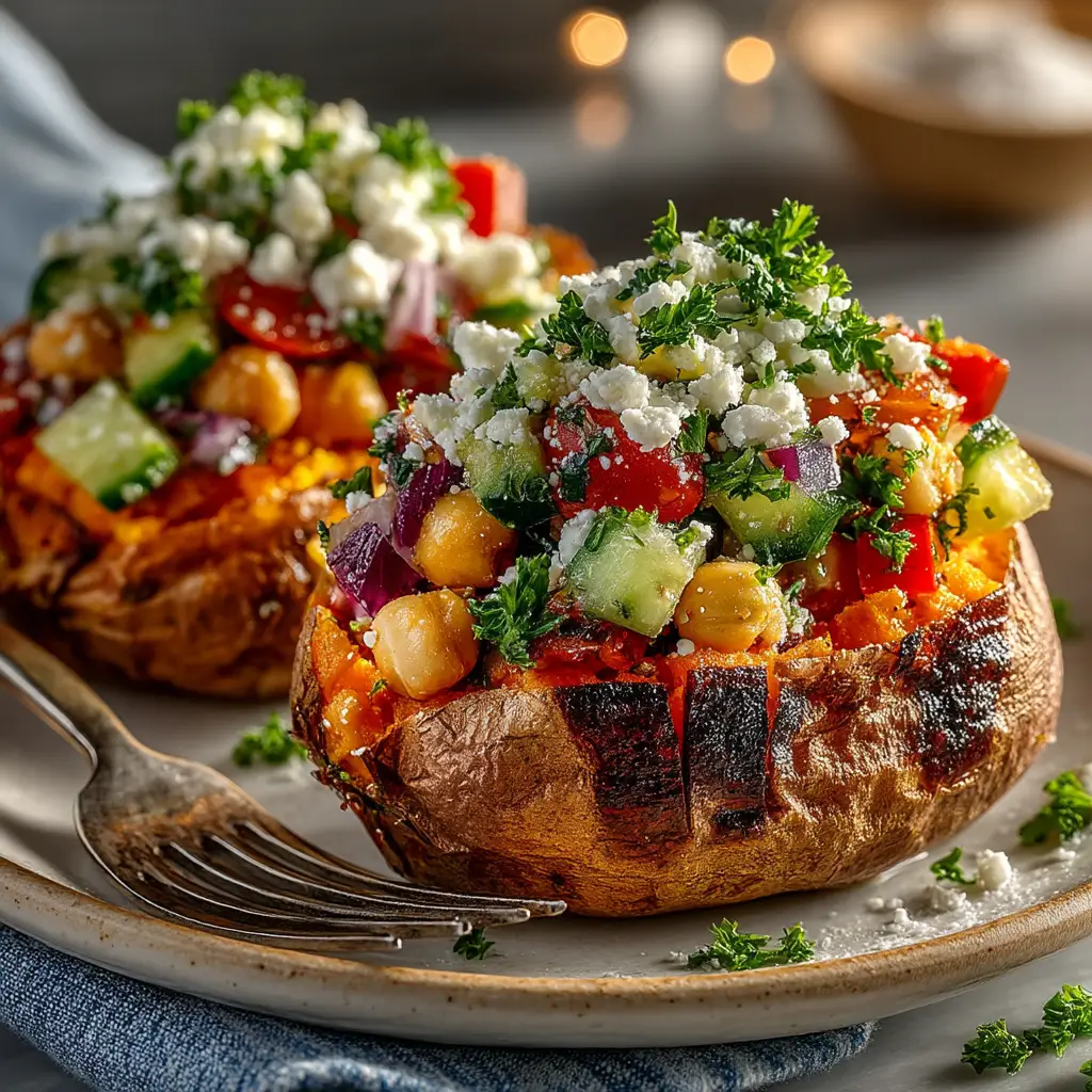 Mediterranean Stuffed Sweet Potatoes: A Healthy & Flavorful Meal 1 A close-up of a finished Mediterranean stuffed sweet potato, generously drizzled with a creamy lemon-tahini sauce.