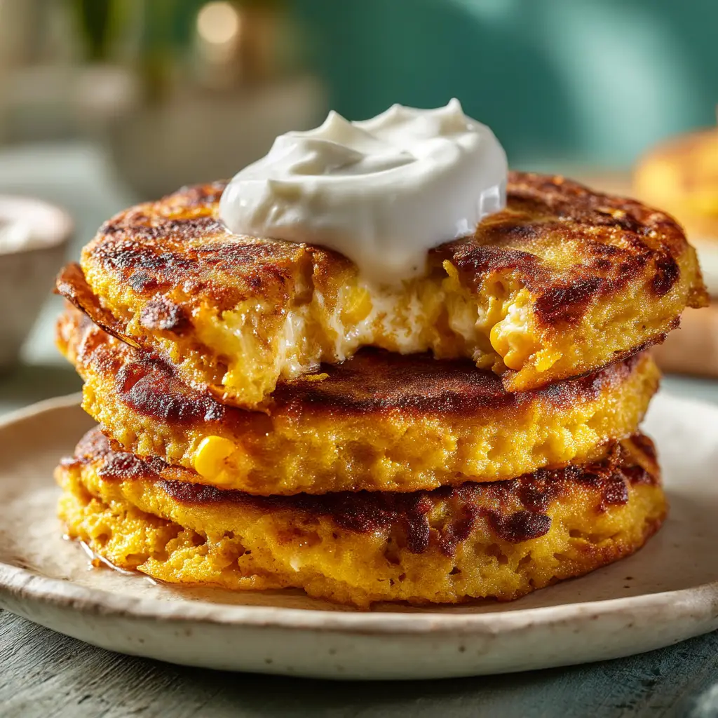 A close-up eye-level shot of a rustic stack of Venezuelan sweet corn pancakes, ready to be eaten.