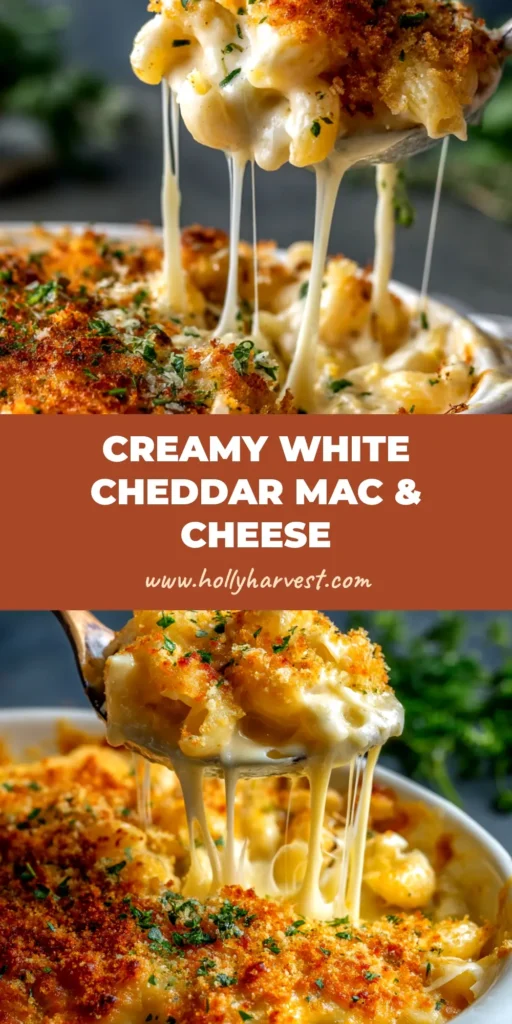 A large casserole dish of baked white cheddar mac and cheese with a golden-brown breadcrumb topping, with a serving spoon scooping some out.