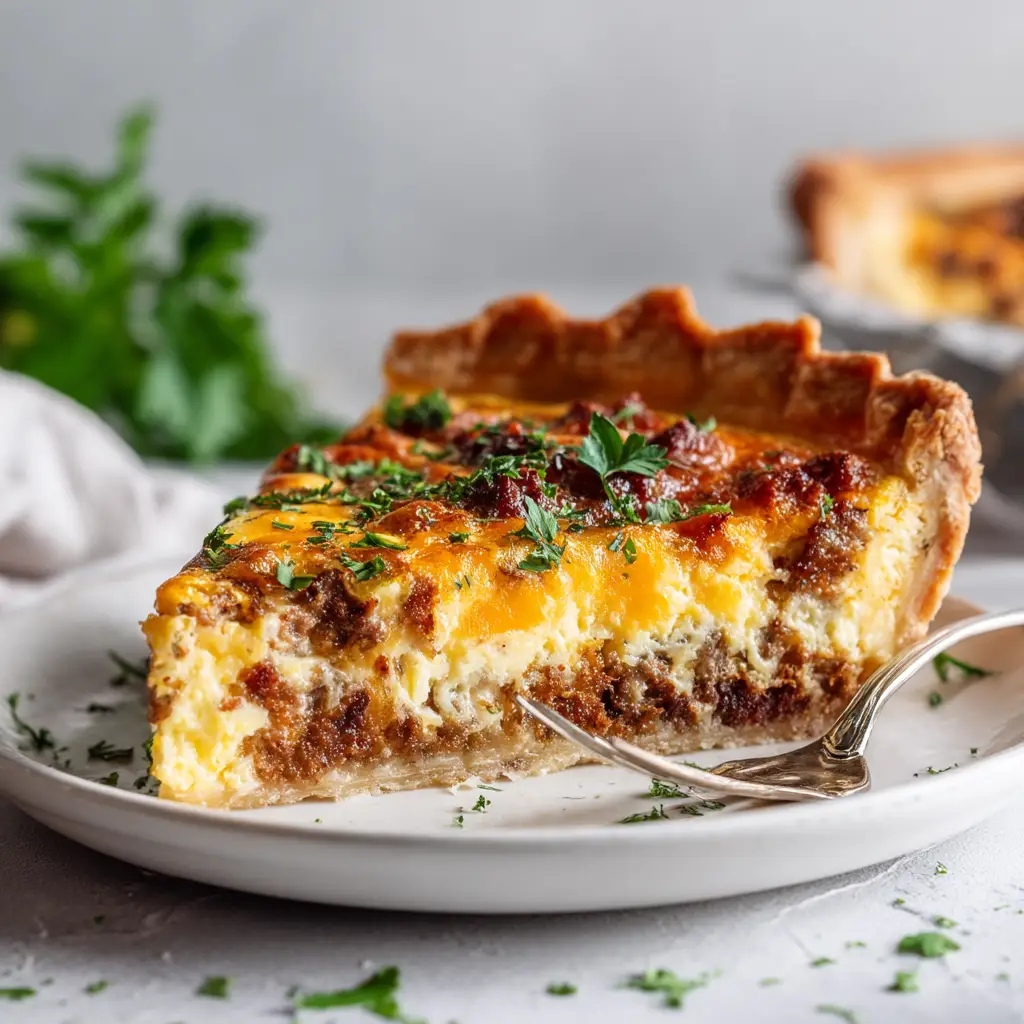 Meat Lovers Quiche: The Ultimate Hearty Breakfast Recipe 1 The whole meat lovers quiche in a pie dish, ready to be served for a hearty family breakfast.
