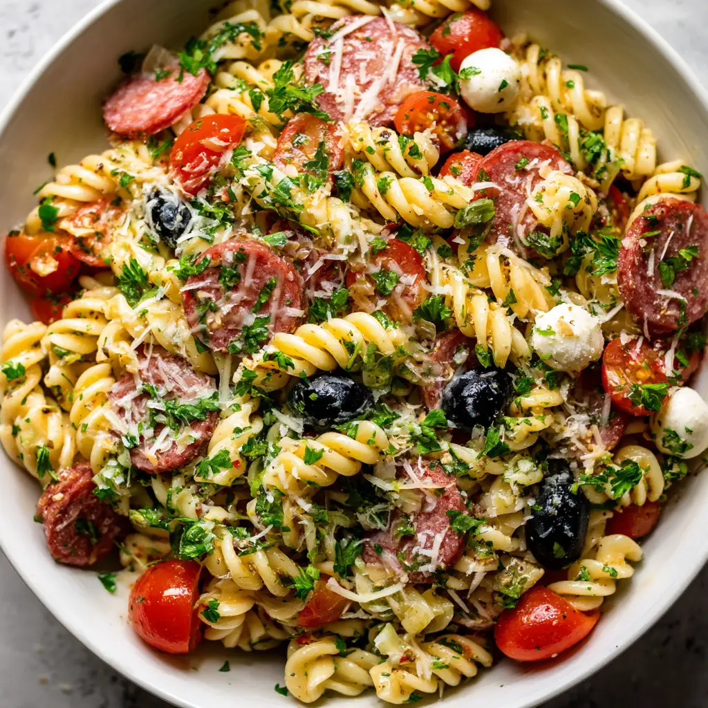 Zesty Italian Pasta Salad: The Only Recipe You'll Need 2 An overhead close-up shot of the Zesty Italian Pasta Salad, showcasing the colorful mix of ingredients like tomatoes, olives, and mozzarella pearls.
