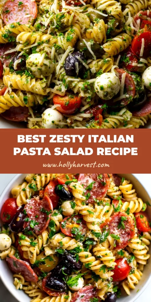 Zesty Italian Pasta Salad: The Only Recipe You'll Need 4 A vibrant bowl of Zesty Italian Pasta Salad, with rotini pasta, cherry tomatoes, mozzarella, and salami, shown with a fork ready to eat.