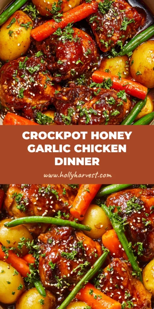 A high-angle close-up shot of a white slow cooker filled with Slow Cooker Honey Garlic Chicken, featuring juicy chicken thighs, yellow potatoes, carrots, green beans, and a glossy amber sauce.