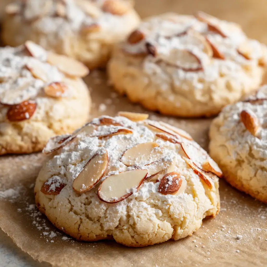 Irresistible Italian Almond Ricotta Cookies 2 Close up view showing the slightly cracked off-white surface of Italian Almond Ricotta Cookies.