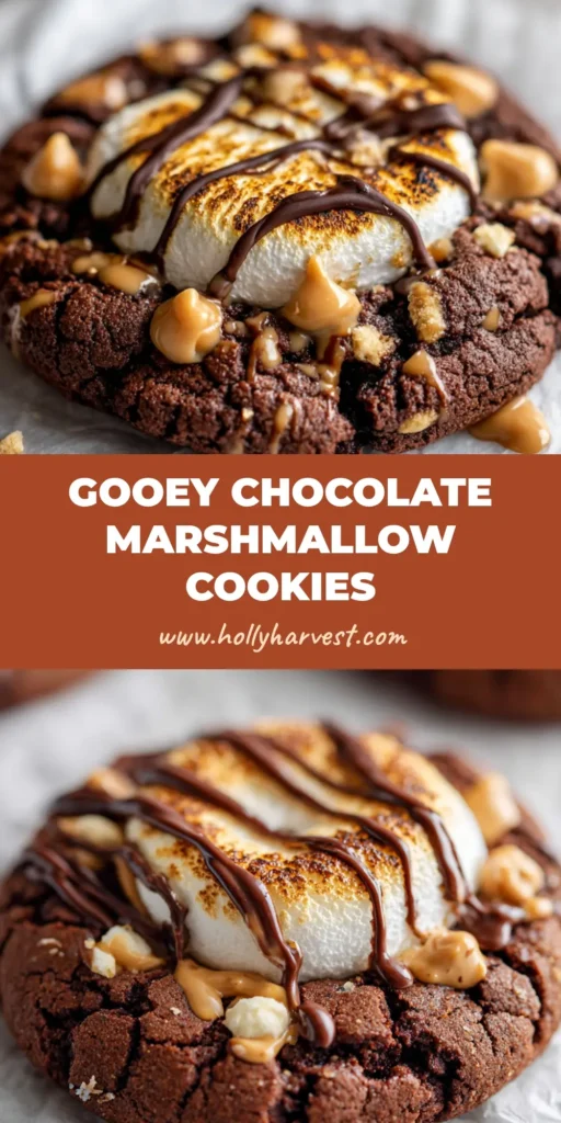 Decadent Chocolate Peanut Butter Marshmallow Cookies 4 A close up macro shot of a freshly baked Chocolate Peanut Butter Marshmallow Cookie with a charred marshmallow center on white crinkled parchment paper.