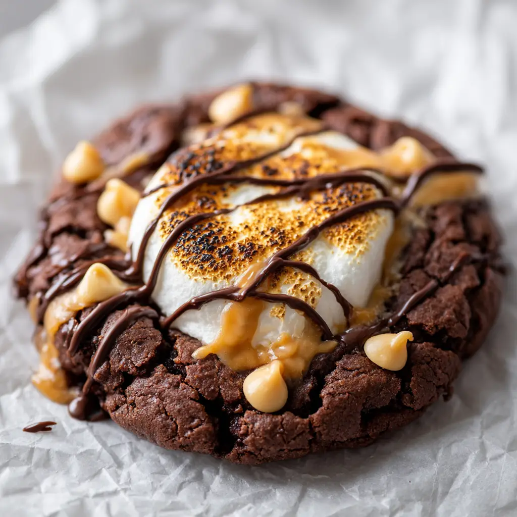 Decadent Chocolate Peanut Butter Marshmallow Cookies 2 Thick dark brown chocolate peanut butter cookie base with a gooey, melting toasted marshmallow in the center and glossy chocolate drizzles.