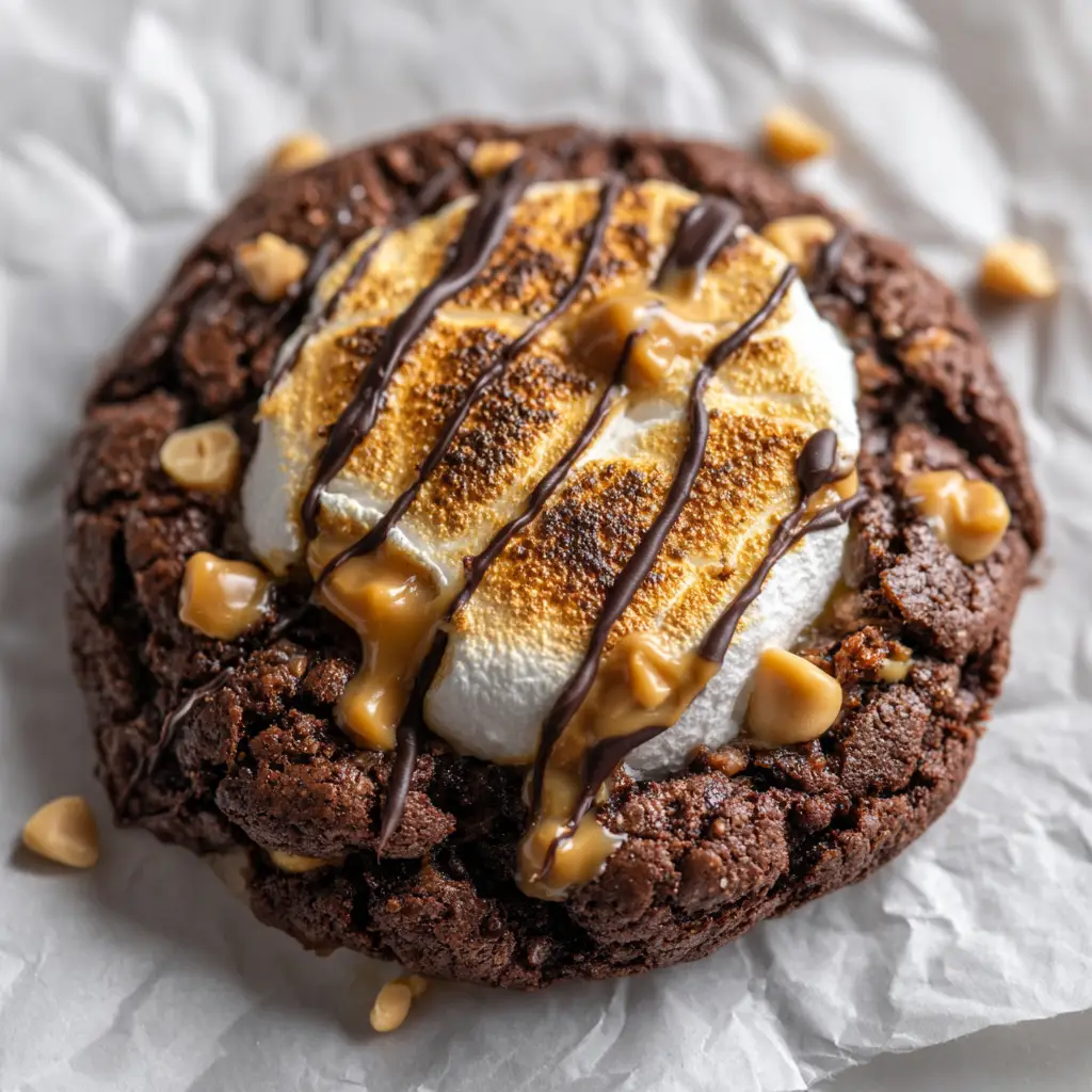 Decadent Chocolate Peanut Butter Marshmallow Cookies 1 Overhead shot of a Chocolate Peanut Butter Marshmallow Cookie featuring cracked crinkly edges, semi-sweet chocolate chips, and melted peanut butter drizzle.
