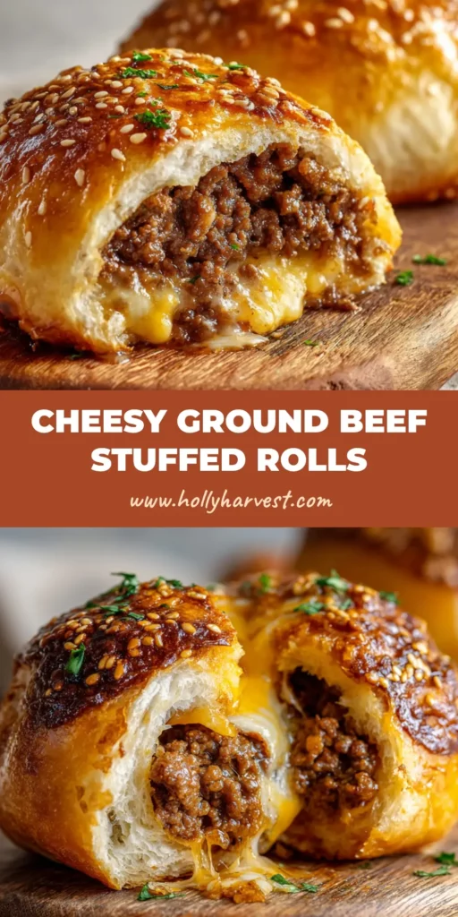 A close up view of homemade Ground beef stuffed rolls torn open to show melted mozzarella and sharp cheddar cheese oozing from the center.