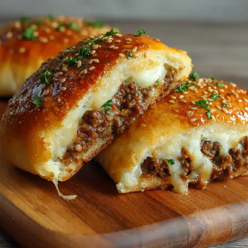 Golden-brown bread rolls brushed with a glossy butter glaze and sprinkled with toasted sesame seeds and fresh parsley on a rustic cutting board.