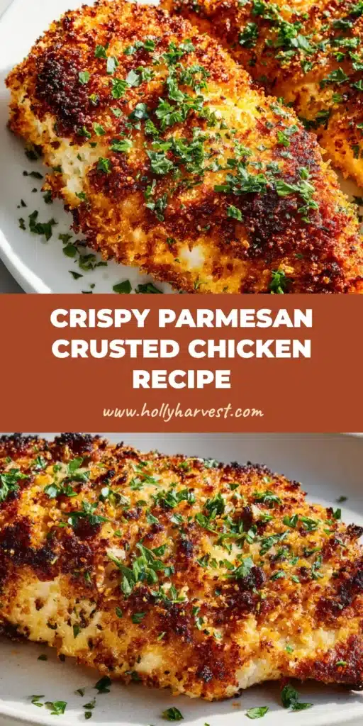 A close-up vertical pin photo of perfectly baked Parmesan Crusted Chicken on a white ceramic plate with a thick panko crust, charred cheese edges, and fresh green parsley garnish.