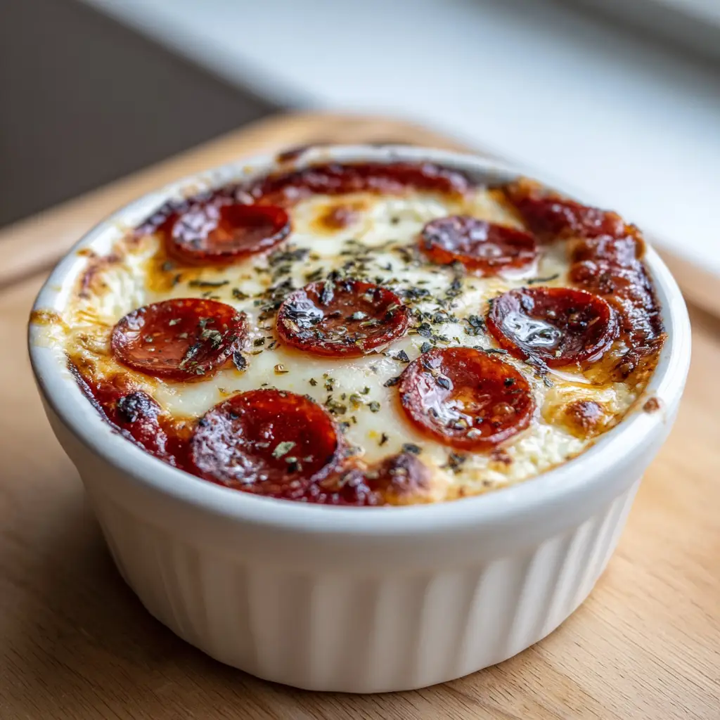 Top down view of cupped and crisped pepperoni slices with tiny pools of oil on a Cottage Cheese Pizza Bake resting on a simple wooden kitchen table.