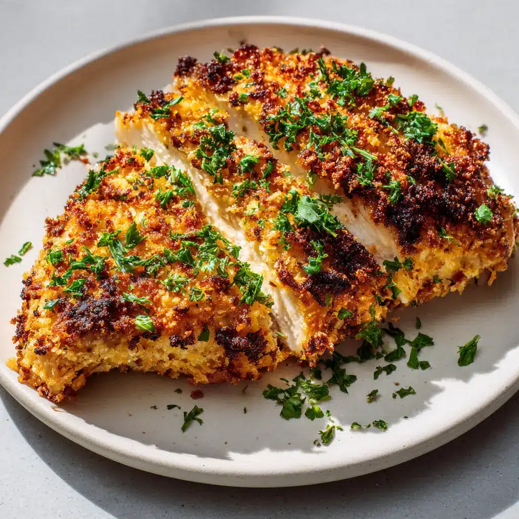 Close-up of golden brown Parmesan Crusted Chicken with dark brown charred cheese edges and chopped green parsley flakes.