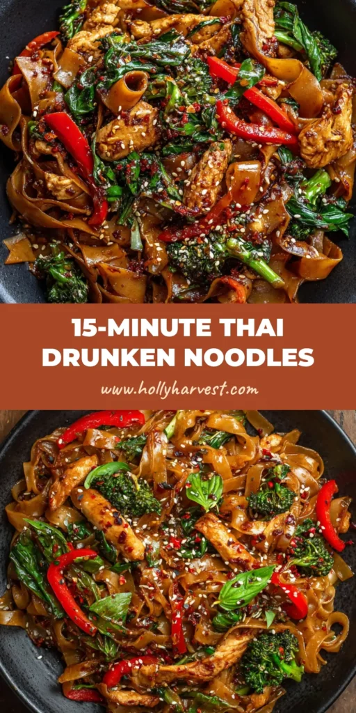 A close up overhead shot of street style Thai drunken noodles in a matte black shallow ceramic bowl.