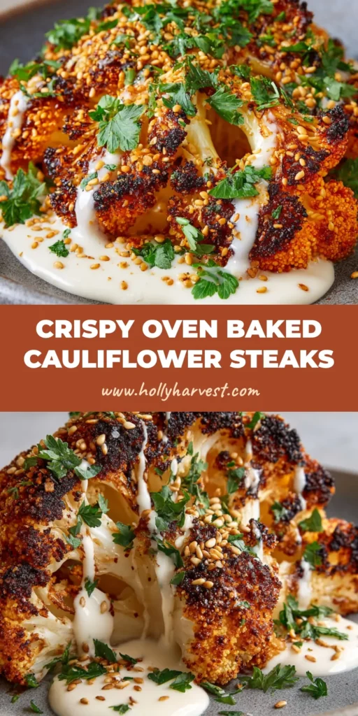A top-down view of Crispy Baked Cauliflower Steaks featuring a deep golden-brown charred crust, drizzled with creamy white garlic sauce and garnished with fresh green parsley and sesame seeds.