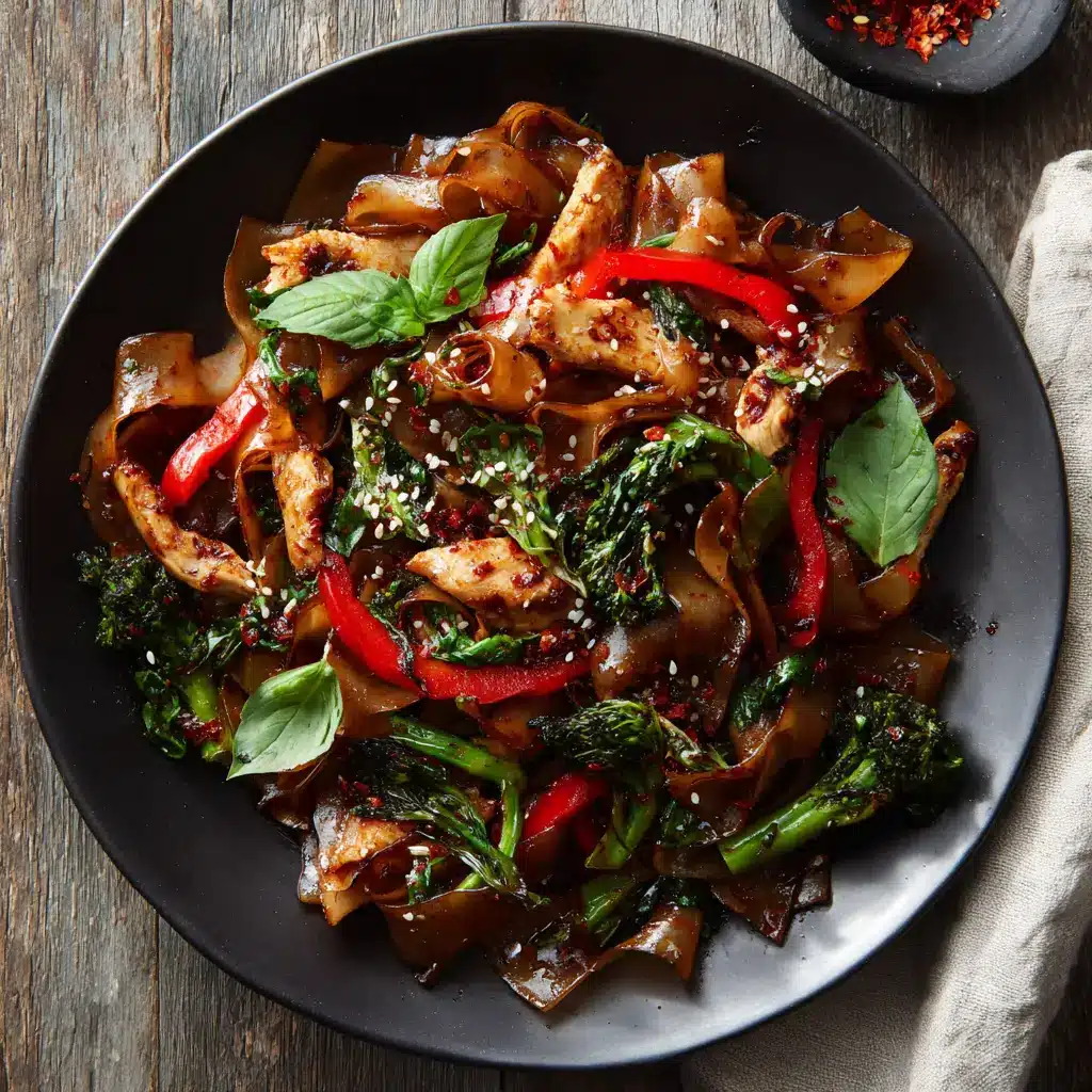 Tender slices of seared chicken breast, bell peppers, and fresh Thai basil wilting into hot drunken noodles.