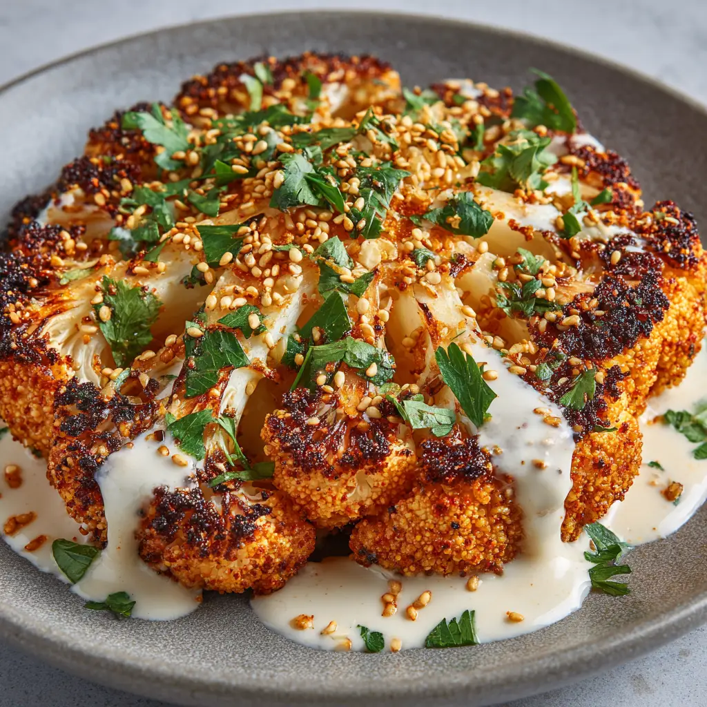 A close-up of a plated Crispy Baked Cauliflower Steak on a rustic matte grey ceramic plate, drizzled with smooth garlic sauce.