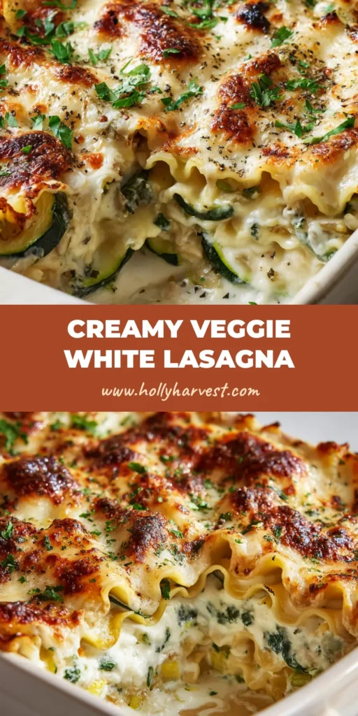 Veggie White Lasagna: A Creamy, Cheesy Roasted Vegetable Masterpiece 4 A close-up of a Veggie White Lasagna in a white ceramic rectangular baking dish with bubbly golden-brown mozzarella, fresh parsley, and wavy noodles.