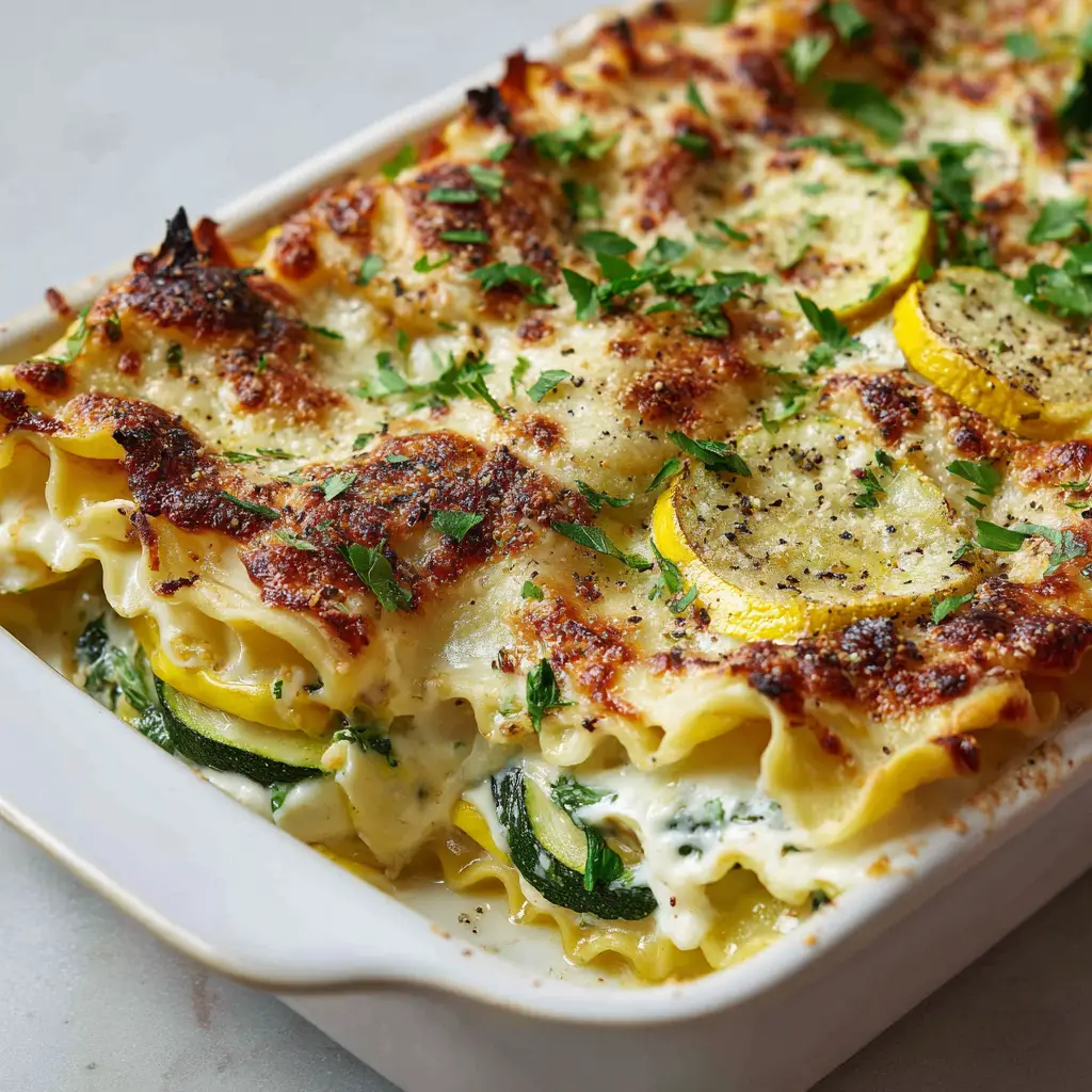 Veggie White Lasagna: A Creamy, Cheesy Roasted Vegetable Masterpiece 1 Freshly baked Veggie White Lasagna with bubbly, golden-brown baked mozzarella and parmesan cheese with slightly charred edges.