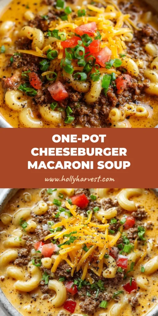 A close-up overhead shot of creamy cheeseburger macaroni soup in a rustic matte white ceramic bowl, garnished with melted cheese, diced tomatoes, and green onions.