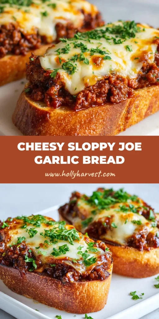 Cheesy Sloppy Joe Garlic Bread: The Ultimate Comfort Food Mashup 4 Two halves of a toasted baguette topped with sloppy joe ground beef, melted mozzarella, blistered cheddar cheese, and fresh green parsley. (Cheesy Sloppy Joe Garlic Bread)