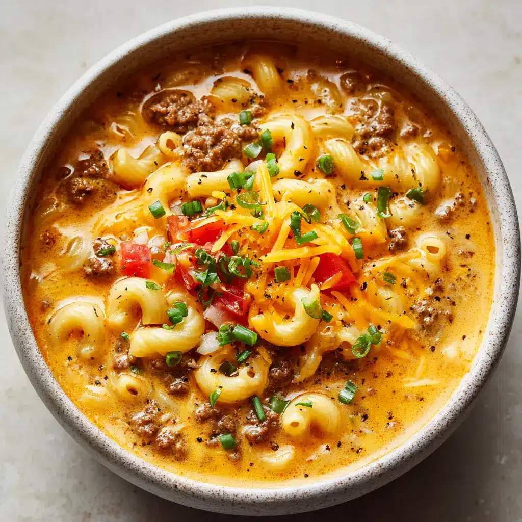 Close up of creamy cheeseburger macaroni soup topped with fresh chopped green onions and coarse cracked black pepper.
