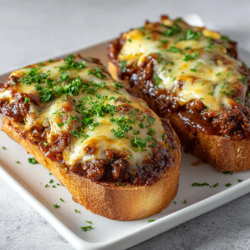 Cheesy Sloppy Joe Garlic Bread: The Ultimate Comfort Food Mashup 2 Close up of a thick, rich layer of savory sloppy joe ground beef completely covered in melted cheese on a garlic baguette. (Cheesy Sloppy Joe Garlic Bread)