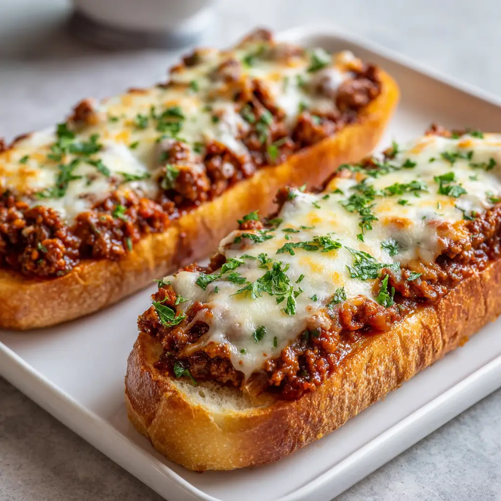 Cheesy Sloppy Joe Garlic Bread: The Ultimate Comfort Food Mashup 1 Freshly baked open-faced sloppy joe sandwiches sitting on a simple white ceramic rectangular platter with a neutral background.