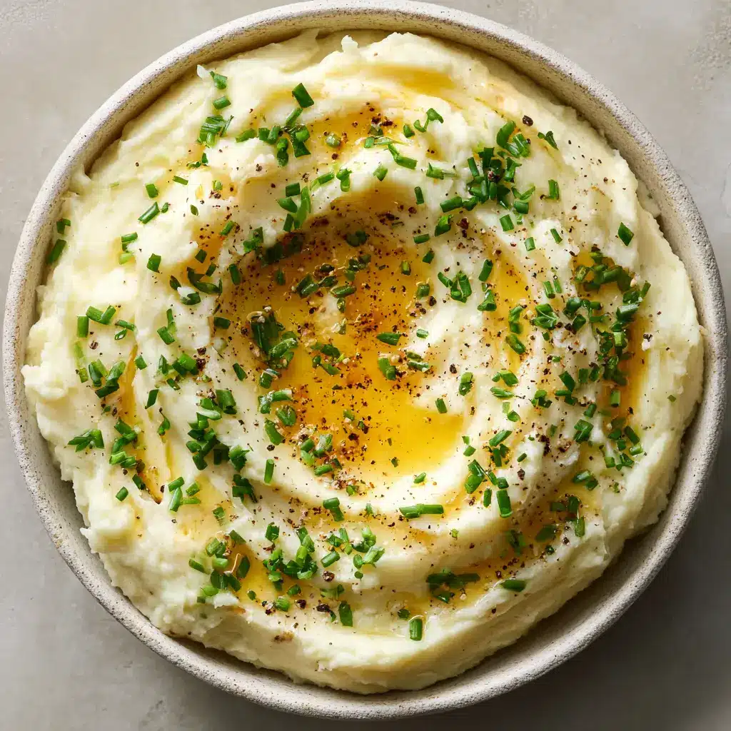 Close-up of a small shallow well holding a pool of rich melted golden butter surrounded by creamy mashed potatoes dusted with chives.