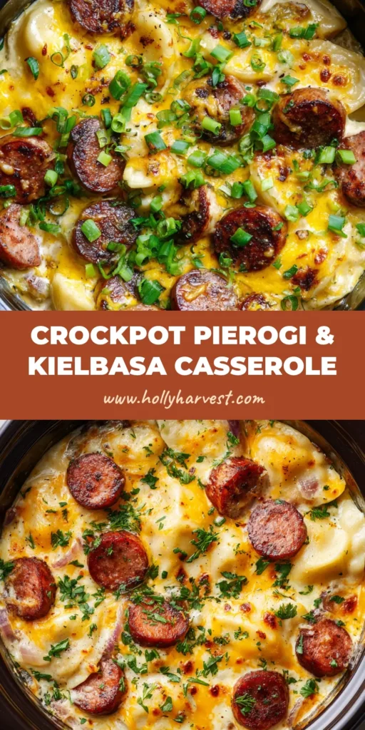 A close-up overhead shot of a slow cooker insert filled with a rich, bubbling crockpot pierogi casserole topped with charred kielbasa, gooey cheese, and scallions.