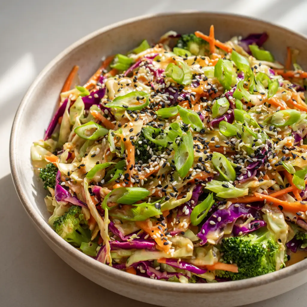 A glossy semi-thick golden-brown sesame-ginger dressing being poured over an Asian Cabbage Salad.