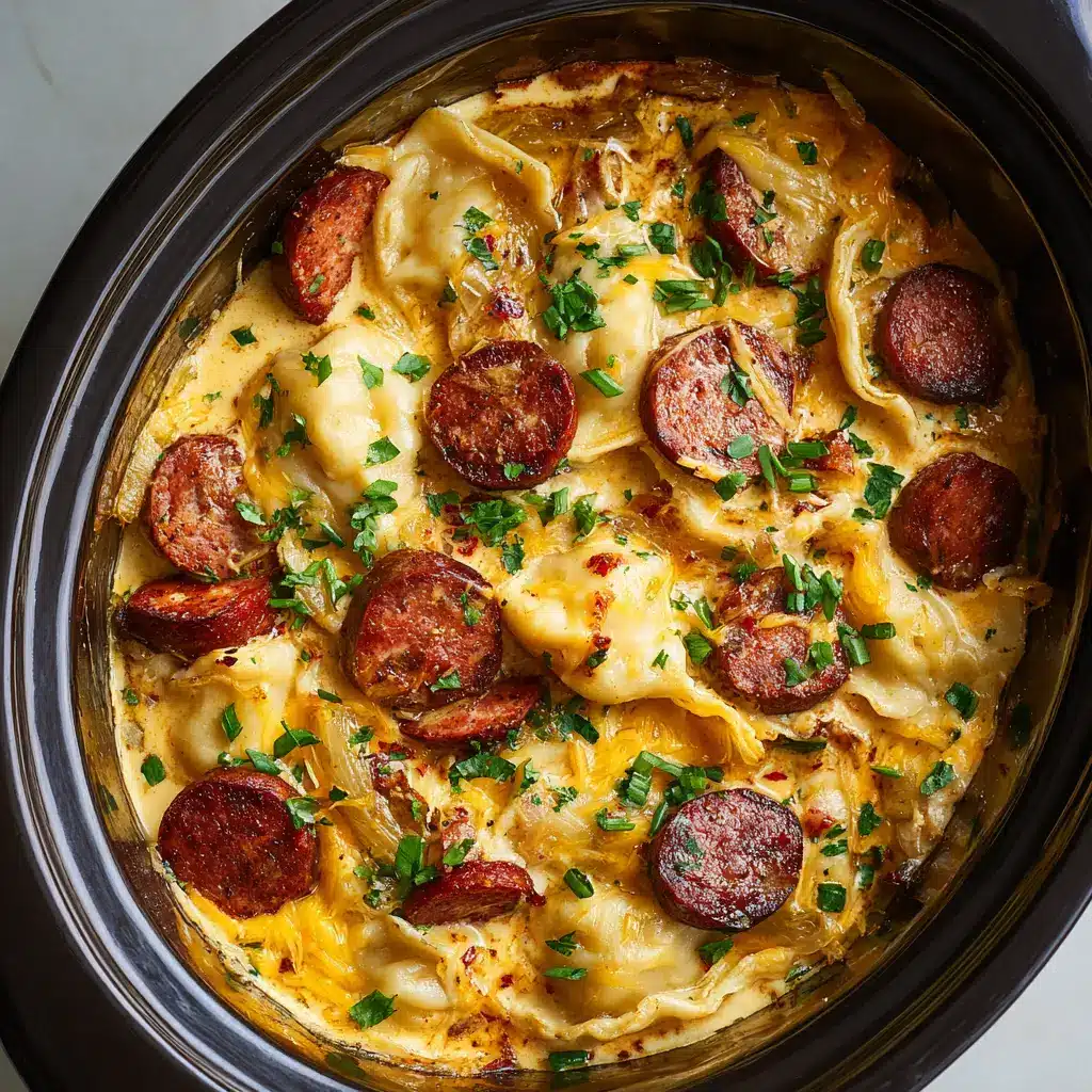 Close up of melted bubbling yellow cheddar and white mozzarella over a crockpot pierogi casserole.