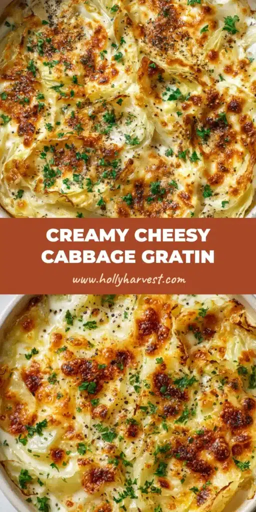 Close-up overhead shot of freshly baked Cheesy Cabbage Gratin in a rustic white ceramic casserole dish with blistered mozzarella edges.