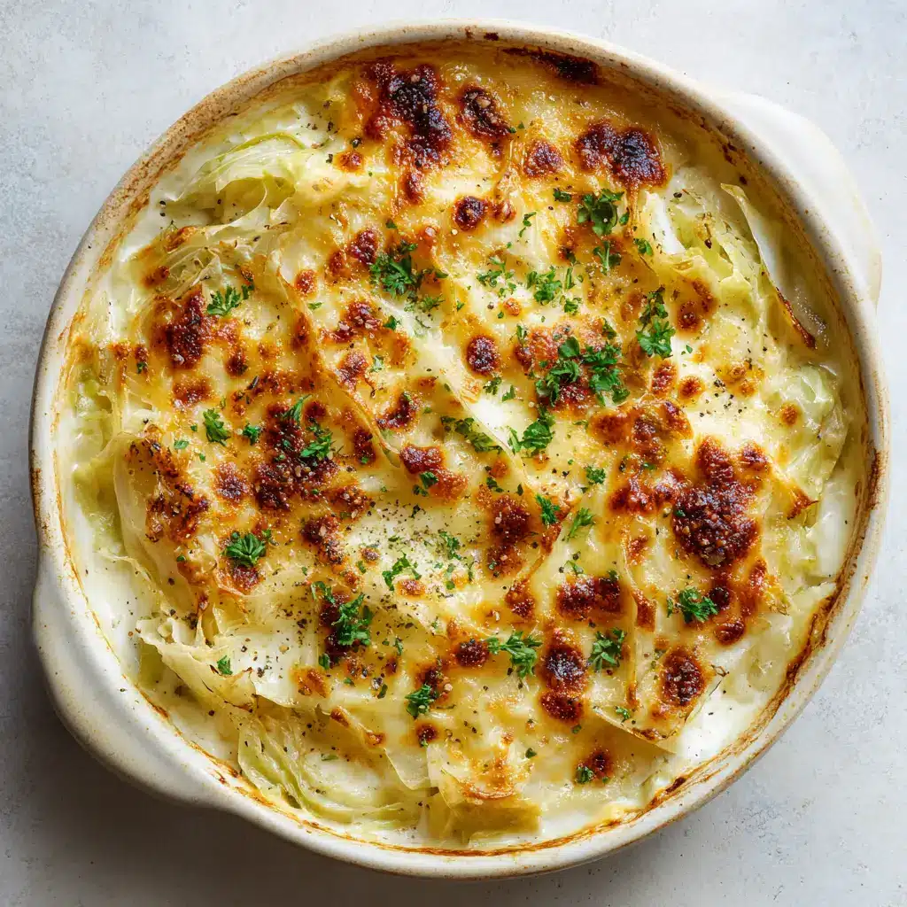 A bubbling golden-brown crust of melted cheddar and mozzarella garnished with green parsley and black pepper.