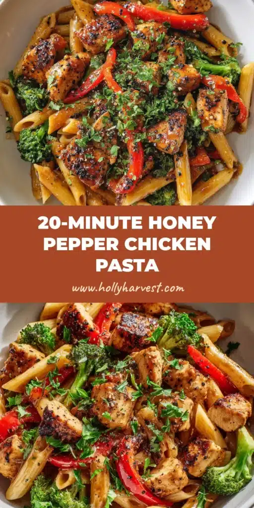 A wide, shallow matte white ceramic bowl filled with al dente penne pasta, crispy caramelized chicken, blistered red peppers, and steamed broccoli coated in a glossy dark golden-brown honey glaze. (Honey Pepper Chicken Pasta)