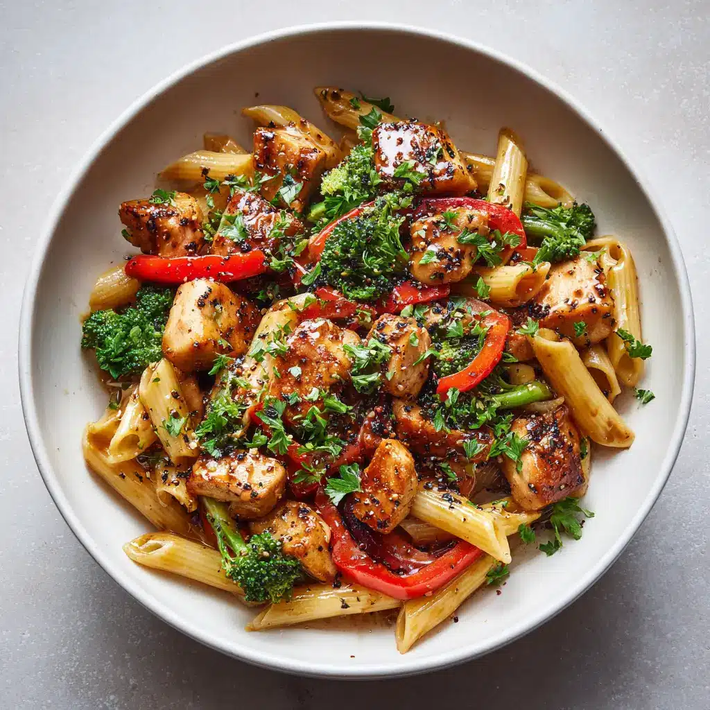 Overhead shot of Honey Pepper Chicken Pasta ingredients in a matte white ceramic bowl resting on a light gray countertop.