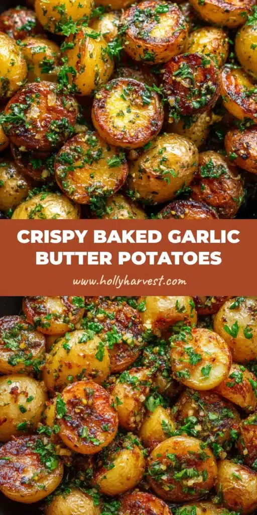 A dark cast iron skillet filled with Baked Garlic Butter Potatoes featuring crispy edges and a glossy fresh parsley garnish.