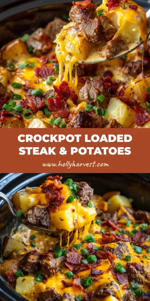 Crockpot Steak and Potatoes: The Ultimate Loaded Cheesy Bake 4 A large silver spoon scooping a hearty loaded Crockpot Steak and Potatoes bake, showing tender potatoes, seared beef, melted cheddar, crispy bacon, and scallions.