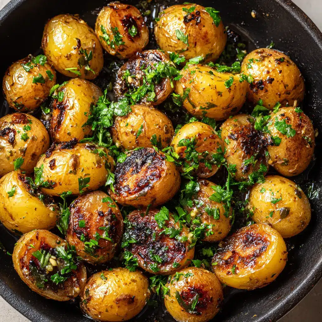 Glossy melted butter sauce speckled with finely minced cooked garlic bits coating perfectly baked baby potatoes.
