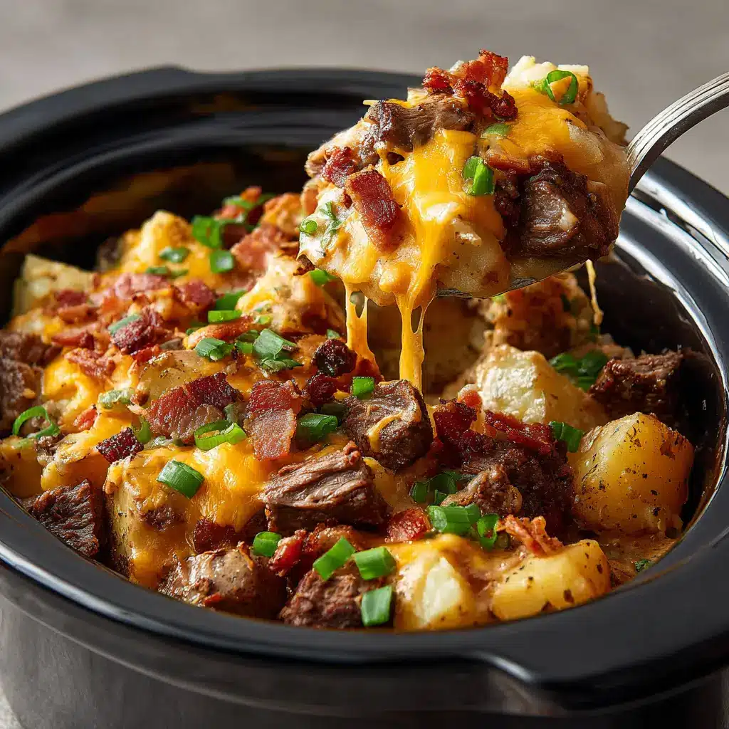 Crockpot Steak and Potatoes: The Ultimate Loaded Cheesy Bake 2 Close-up of Crockpot Steak and Potatoes inside a black ceramic slow cooker pot with a rich creamy sauce and bright orange cheddar cheese.